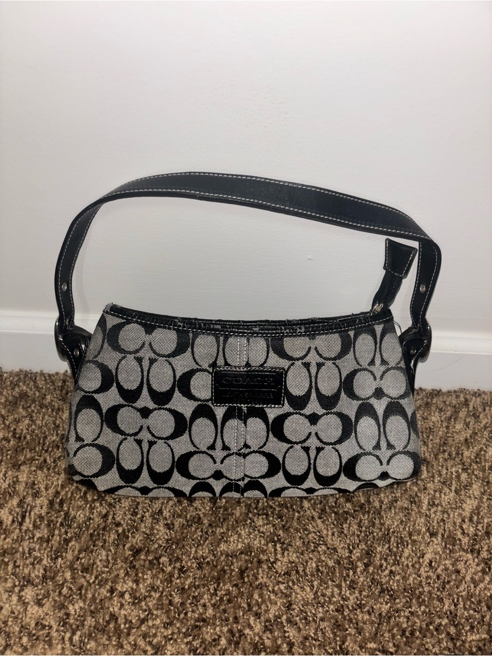 Coach Black and Gray Signature Jacquard Shoulder Bag with Leather Trim